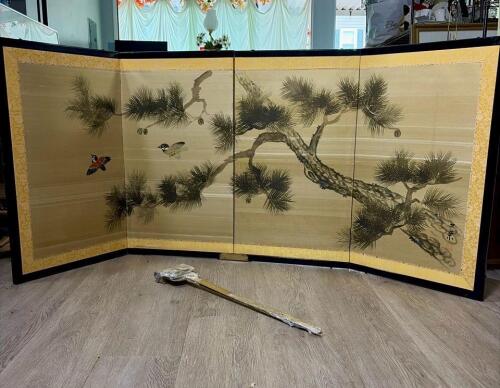 Japanese Folding Byobu Screen Motif with Metal Holders
