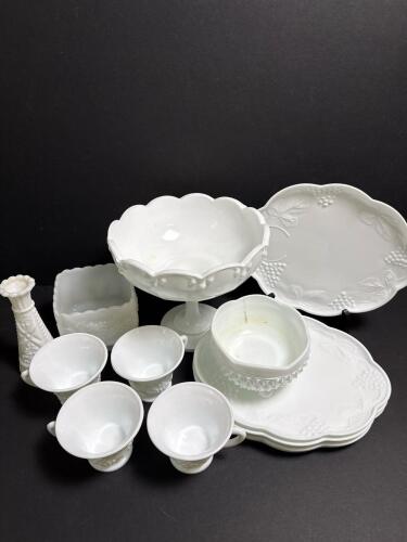 Milk Glass Serving Pieces in Grape and Scalloped Motif