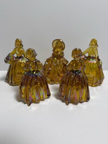 Amber Iridescent Glass Lady Figurines in Victorian-Style Dress