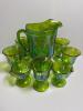 Green Iridescent Grape-Pattern Pitcher With Matching Goblets and Creamer