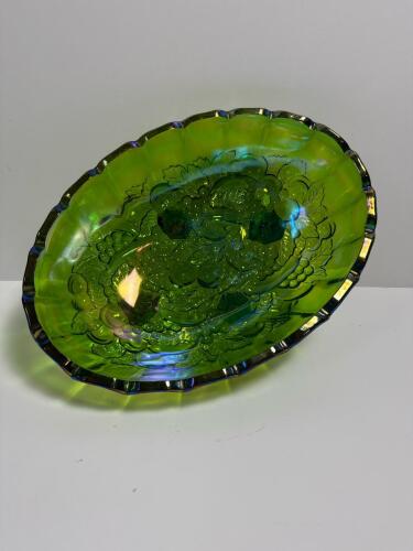 Carnival Glass Fruit Pattern Footed Bowl in Green Iridescent Finish