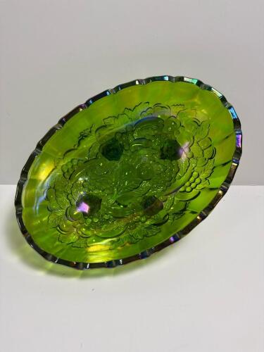 Footed Green Iridescent Glass Fruit Bowl