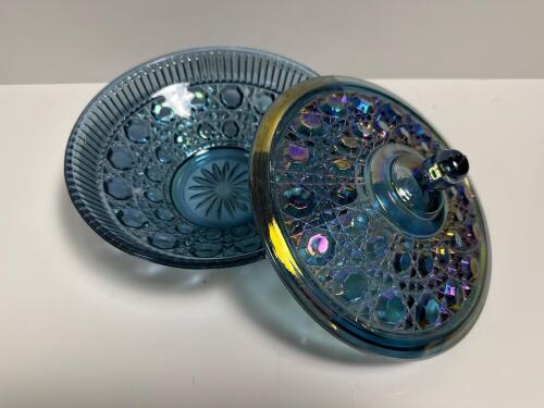 Blue Iridescent Pressed Glass Covered Candy Dish