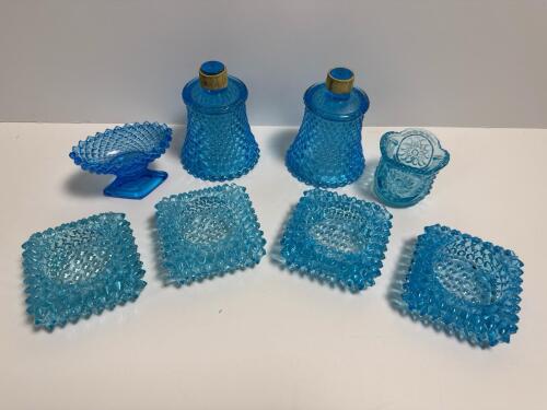 Blue Hobnail-Style Glassware Pieces