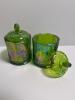 Carnival Glass Covered Canisters With Grape and Leaf Motif