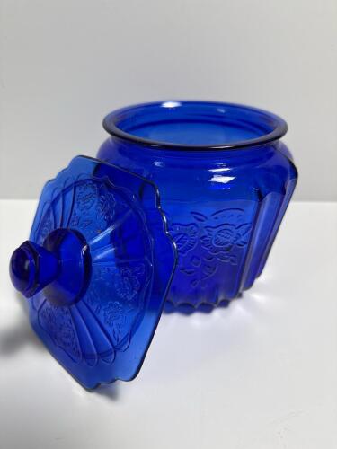 Cobalt Blue Pressed Glass Floral Pattern Jar with Lid