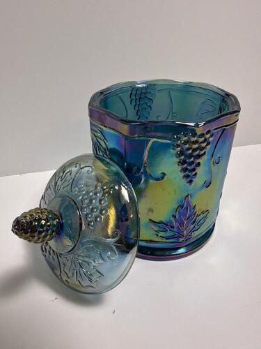 Carnival Glass Canister With Lid in Grape and Leaf Pattern