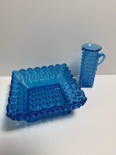 Blue Pressed Glass Bowl and Pitcher