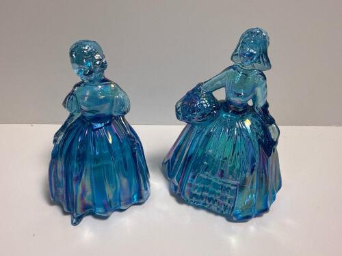 Pair of Iridescent Blue Glass Lady Figurines