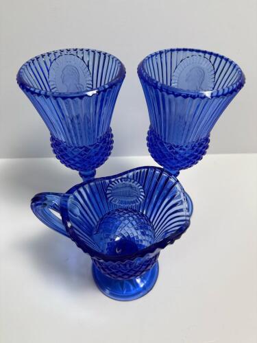 Cobalt Blue Glass Goblets and Creamer with Washington Motif
