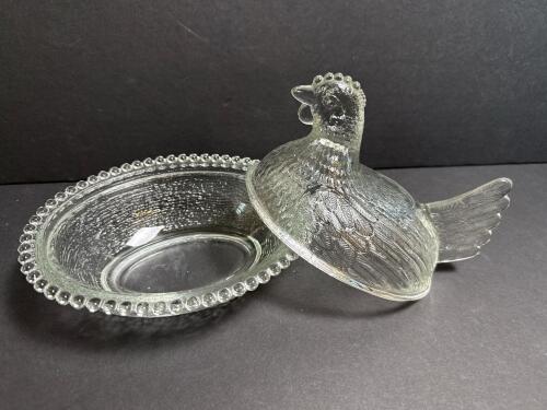 Clear Pressed Glass Hen on Nest Covered Dish