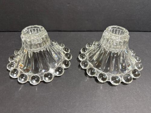 Pair of Clear Glass Candle Holders with Beaded Edge