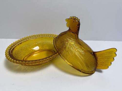 Amber Glass Hen on Nest Dish in the Manner of Early American Pressed Glass