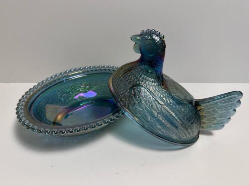 Iridescent Blue Glass Covered Hen Dish in Victorian-Style