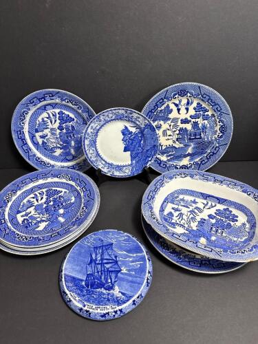 Assorted Blue and White Transferware Plates and Dishes
