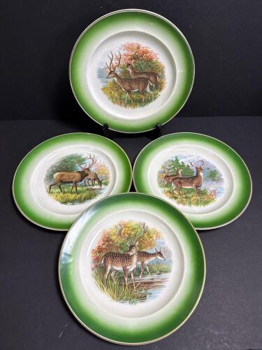 Buffalo Pottery Deer Scene Plates Green Rim Set
