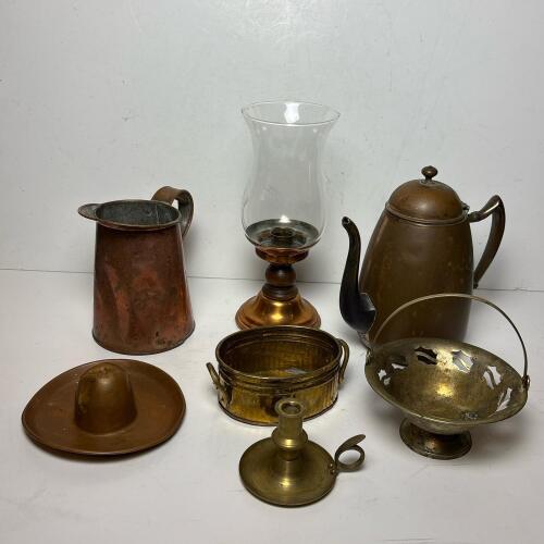 Assorted Metalware with Pitchers, Candle Holders and Basket