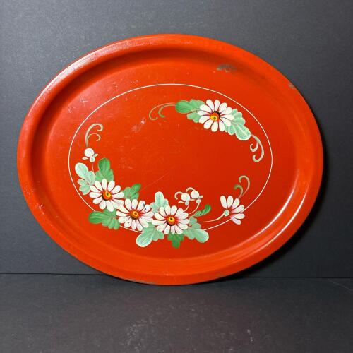 Red Floral Decorative Metal Tray