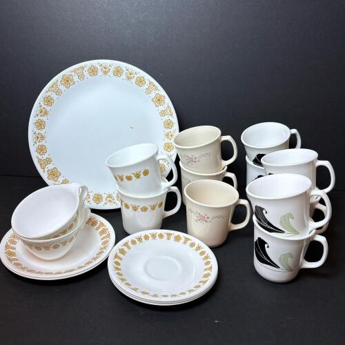 Corelle Gold Floral Dishes and Assorted Corning Cups