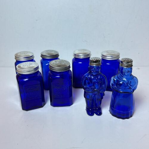 Eight Cobalt Blue Glass Salt and Pepper Shakers Including Figural Pair