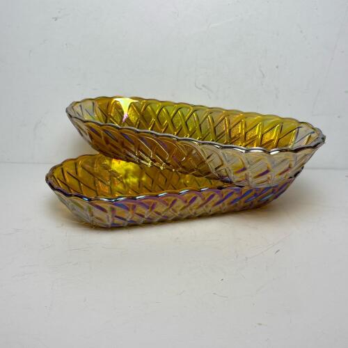 Pair of Vintage Iridescent Amber Carnival Glass Celery Dishes