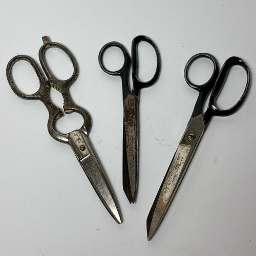 Two Vintage Wiss Inlaid Scissors and J.A. Henckels Utility Shears