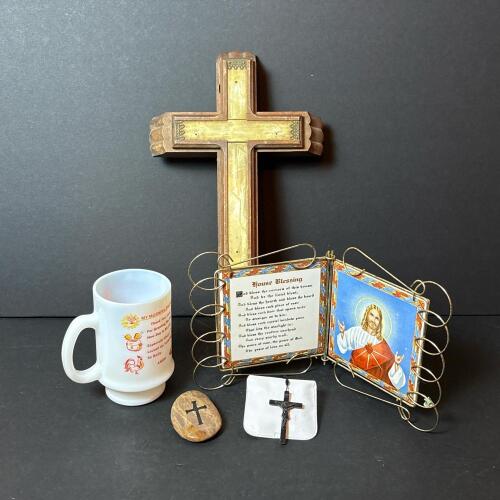 Religious Decorative Items: Crucifixes, Mug, Rosary, and House Blessing