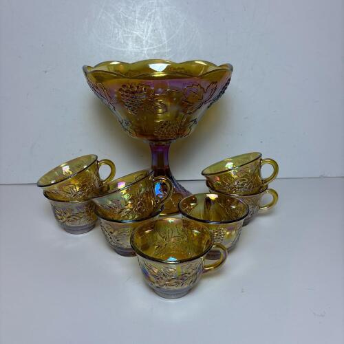 Marigold Carnival Glass Punch Bowl and Eitgh Cups
