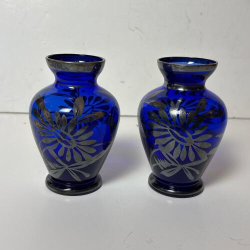 Venetian Art Glass Vases with Silver Floral Design