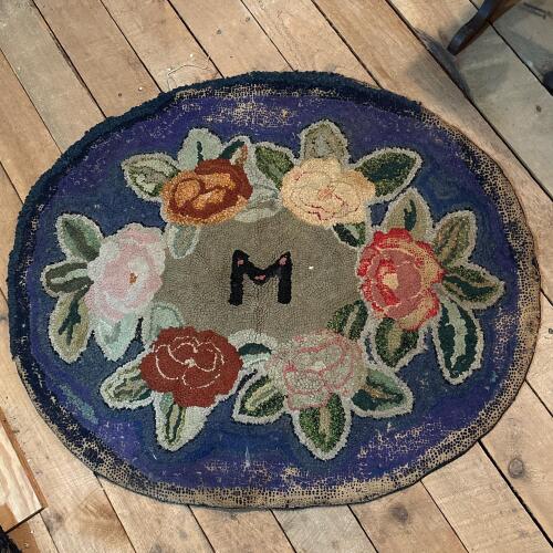 Vintage Floral Hooked Rug with Monogram, 28"x33"