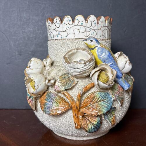 Ornate Barbotine Ceramic Vase with Bird, Nest & Floral Relief