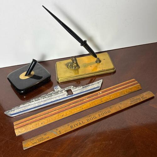 Vintage Pen Holders, Rival Dog Food Ruler, & Ship Bottle Opener