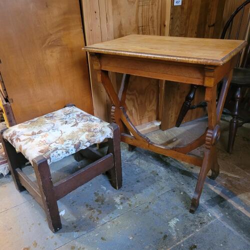 Antique Sewing Table and Upholstered Footstool, Victorian-Style