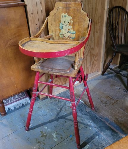 Vintage Wooden High Chair with Red Accents and Bear Motif