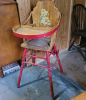 Vintage Wooden High Chair with Red Accents and Bear Motif