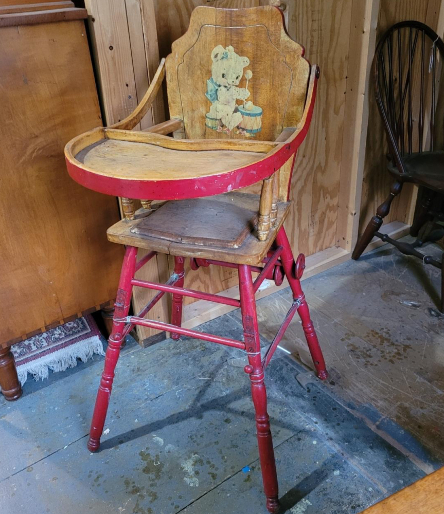 Vintage Wooden High Chair with Red Accents and Bear Motif