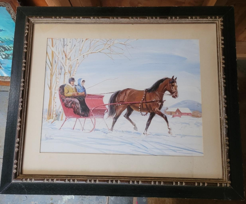 Winter Scene Painting Signed Savitt in Vintage Black Frame 22.5" x 20"