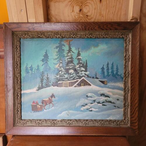 Framed Winter Landscape Painting in Rustic-Style Frame 25" x 21"
