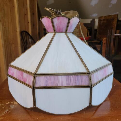 Stained Glass Hanging Lamp With Pink and White Panels