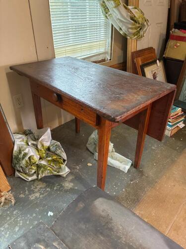 Primitive Drop Leaf Wooden Table with Drawer