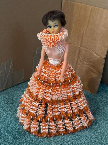 Vintage Safety Pin Doll with Beaded and Lace Skirt