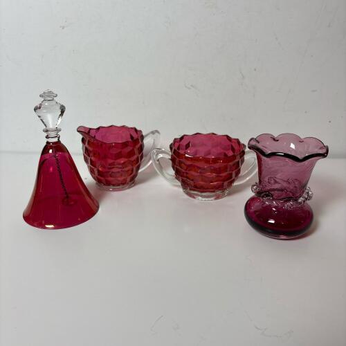 Cranberry Glass Bell, Sugar Bowl, Creamer, and Vase