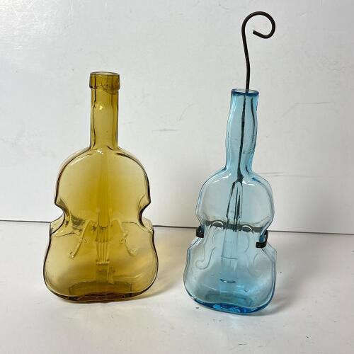 Amber and Blue Glass Violin-Shaped Bottles