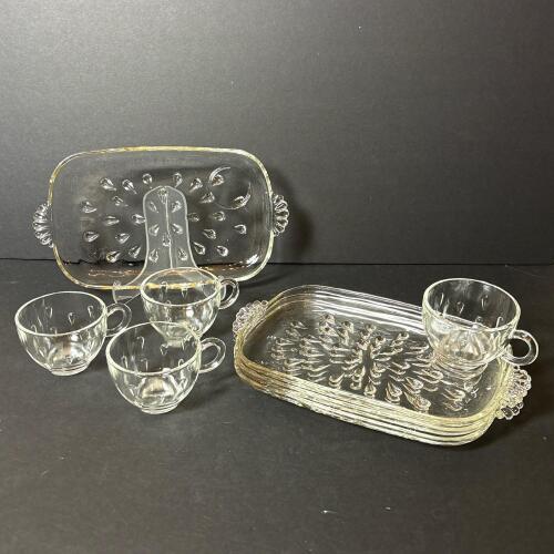 Four Clear Glass Snack Trays with Matching Cups