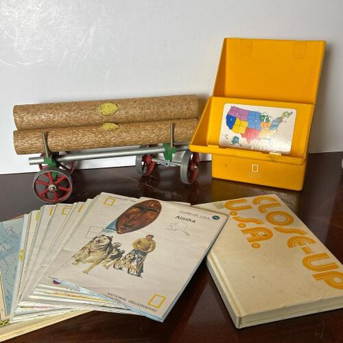 Vintage 1978 National Geographic Close-Up Maps Set & Toy Log Wagon
