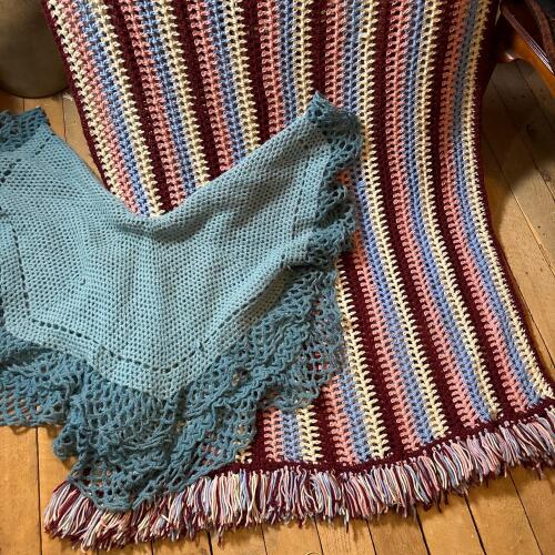 Crocheted Afghan and Striped Fringe Throw Blanket
