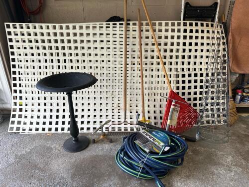 Garden Tools, Lattice, Birdbath, Hose, Storage Hanger, Tomato Cages & Sprinkler