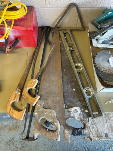 Vintage Hand Saws, Spirit Level, Pry Bars & Triangular Tool