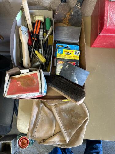 Assorted Hand Tools, Brush, Scrapers, Nails, Staples, and Leather Pouch