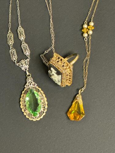 Cameo Ring, Filigree Green Pendant Necklace & Yellow Pendant Necklace